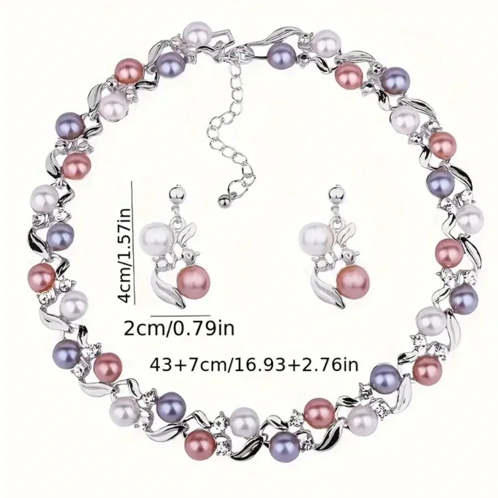 Elegant Silver and Pink color Imitation Pearl Necklace Set - Picture 2 of 3